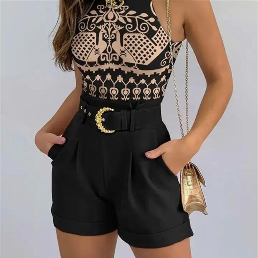 Women Fashion Summer Two Piece Set Sleeveless Floral Vest Shirts + Short Pants Female Elegant Y2K 2Pcs Set Streetwear