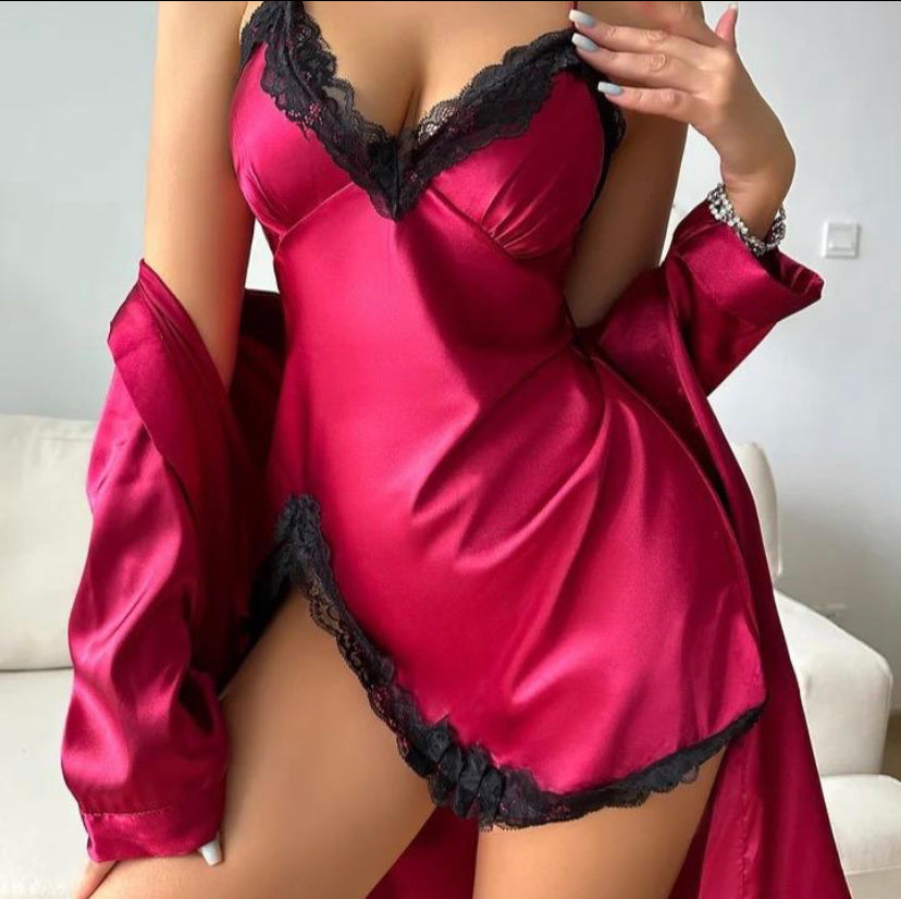 Solid Satin Pajama Set Long Sleeve Robe With Belt & Contrast Lace V Neck Slip Dress Women's Sleepwear