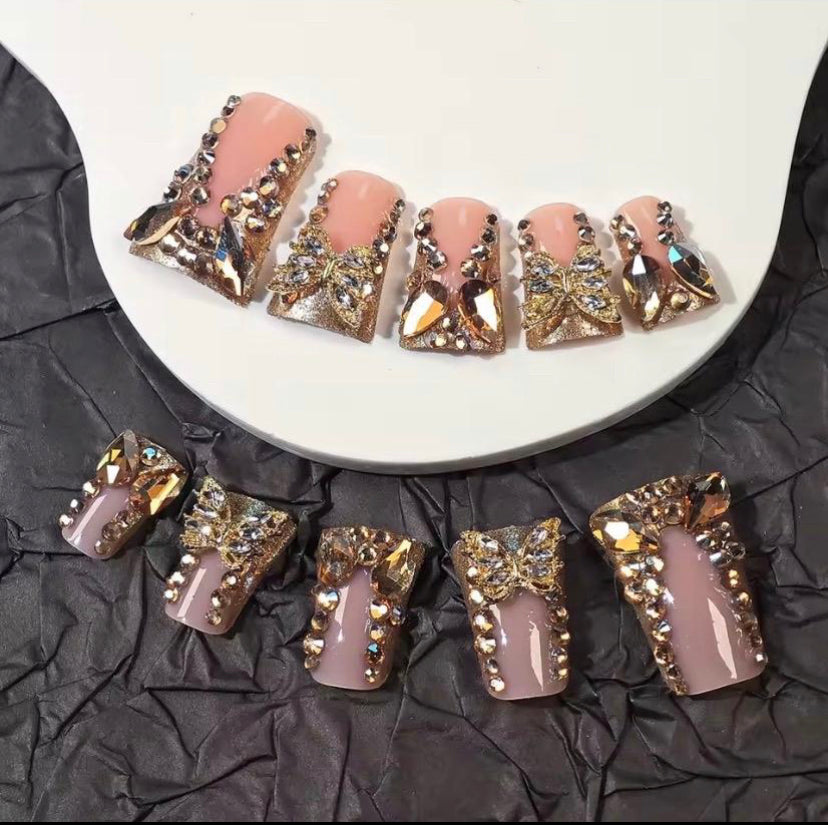 24 Piece Brown 3D Butterfly Diamond Style Nail Art Set - Press Nail for Women