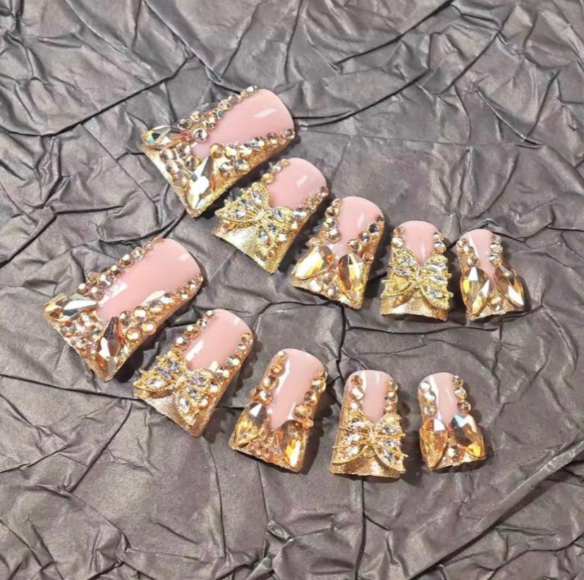 24 Piece Brown 3D Butterfly Diamond Style Nail Art Set - Press Nail for Women