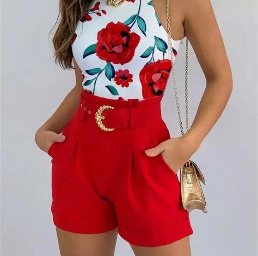 Women Fashion Summer Two Piece Set Sleeveless Floral Vest Shirts + Short Pants Female Elegant Y2K 2Pcs Set Streetwear