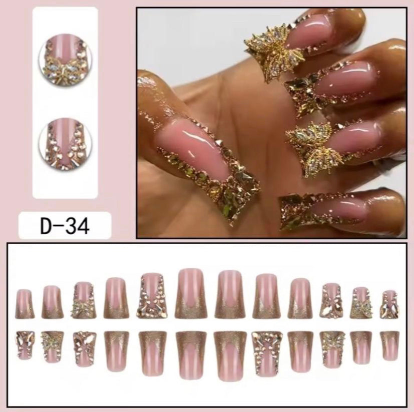 24 Piece Brown 3D Butterfly Diamond Style Nail Art Set - Press Nail for Women