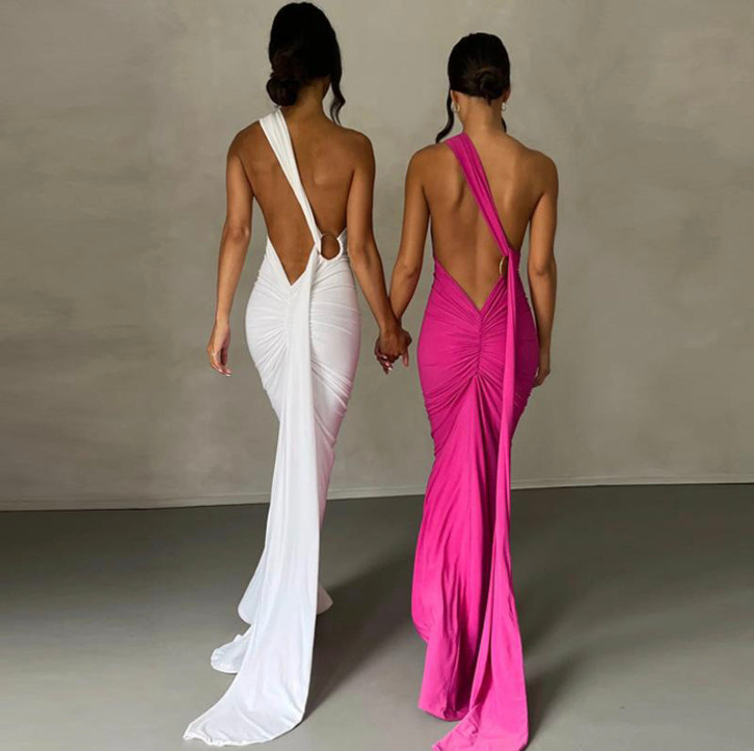 Sexy Backless Pleated Slim-fit Solid Color Sleeveless Elegant Dress