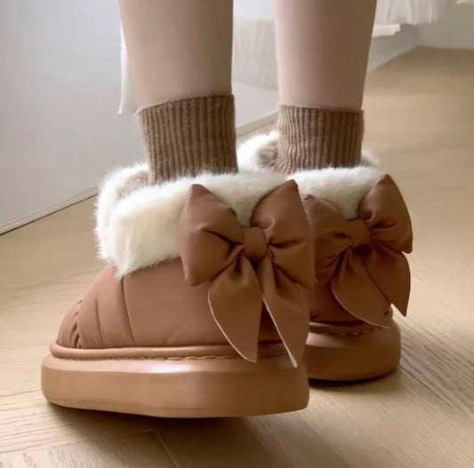 Winter Women's Bow Warmth Plush Cotton Shoes - Cute Warm Ankle Boots - Girl, Footwear