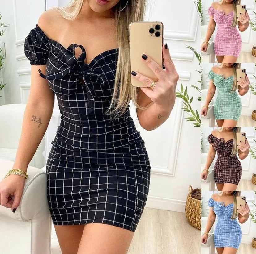 Summer Dress Sexy Short Skirt of Cross Border Grid Print Dress Womenswear Comfort Casual Wear Lady