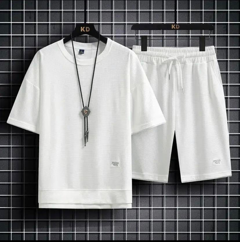 2024 Men's Waffle Summer Suit in Solid Colors: Casual Shirt and Shorts Tracksuit